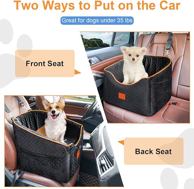 Dog Car Seat for Small Dogs, Memory Foam Booster Dog Seat for Dogs up to 35 lbs, Elevated Pet Car Seat with Washable Removable Cover, Storage Pockets (Black)-PawvioPets