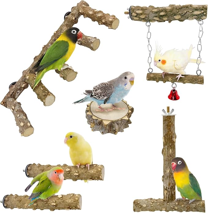 BNOSDM Natural Wood Bird Ladder Perch 6Pcs Parrot Stand Branches Climbing Chewing Stick Parakeet Swing Toys Cage Accessories Paw Grinding Fork Sets for Lovebirds Cockatiels Conure Budgies-PawvioPets