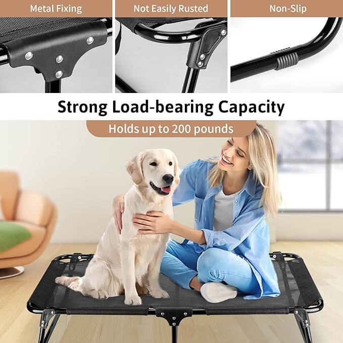 Elevated Dog Bed, Foldable Pet Bed with No Assembly, Cooling Raised Bed with Breathable Mesh, No-Slip Feet Durable Dog Cots Beds for Indoor & Outdoor Use, Black (L:43"x23"x7")-PawvioPets