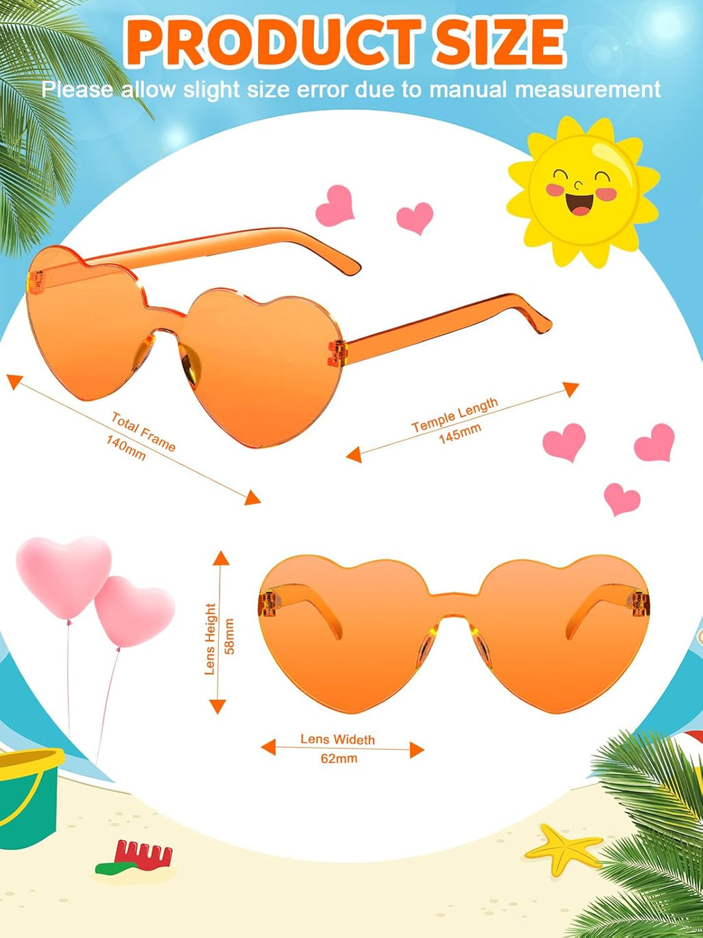 12 Pairs Heart Shaped Sunglasses for Women Colorful Glasses Fun Trendy Transparent Heart Sunglasses Party Favor (Orange)