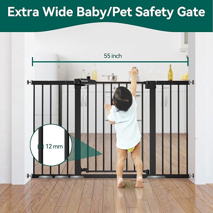 BABELIO 36" Tall Baby Gate, 29-55" Auto Close Pressure Mounted Dog Gate for Doorways & Hallway, Pressguard Basics Easy Walk Thru Pet Gate, Extra Wide Metal Child Gate, Black-PawvioPets