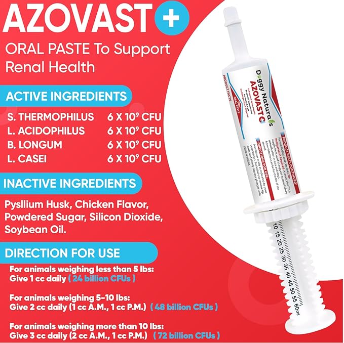 Azovast Plus Kidney Health Supplement for Dogs & Cats, Oral Paste (60 cc) - NO Refrigeration Required - Help Support Kidney Function & Manage Renal Toxins Chicken Flavor (Made in U.S.A(60cc)-PawvioPets
