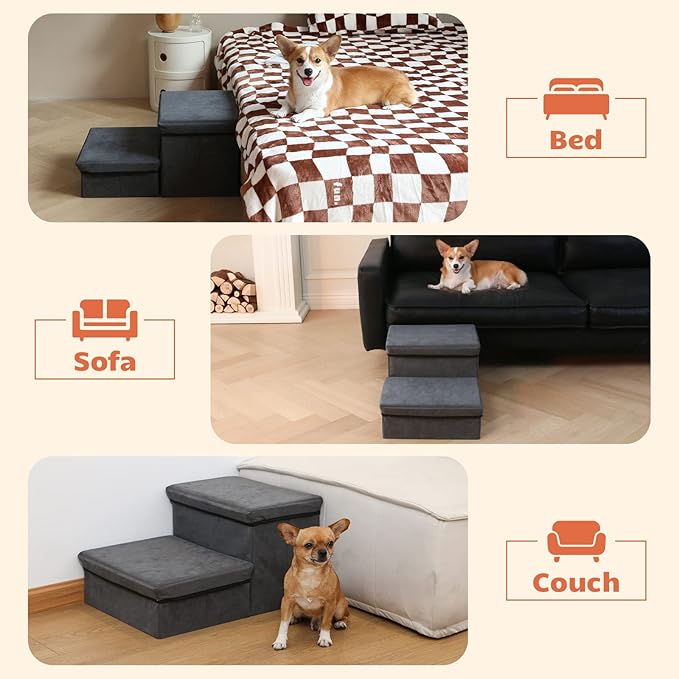 Foldable Dog Stairs/Steps 2-Tier Pet Steps Storage and Adjustable Steps for Small Medium Dogs Pet Steps Storage Stepper for High Beds Sofa Pet Dog Cat-PawvioPets
