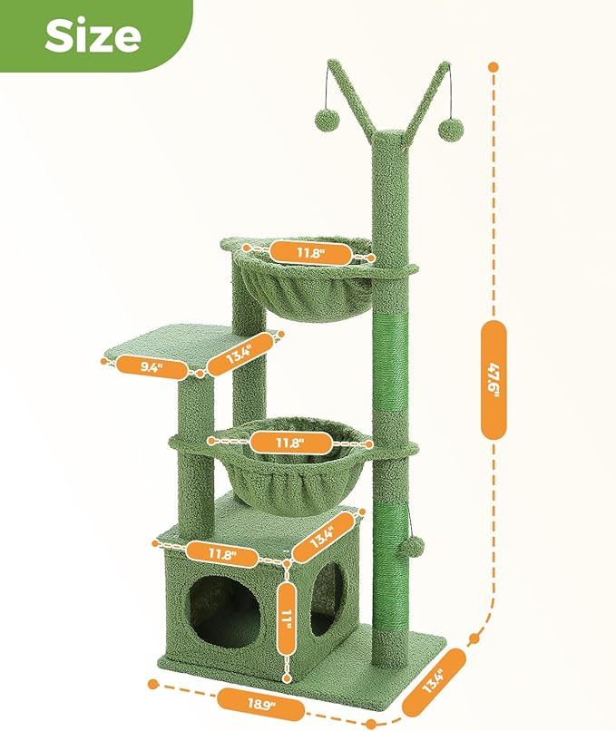 Cactus Cat Tree, 47.6" Cat Tower with 2 Metal Frame Hammock, Cat Scratching Post for Indoor Cats with 2 Removable Pompom Sticks for Kittens, Green-PawvioPets
