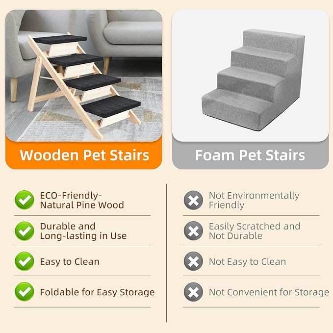 Dog Stairs/Ramp for Bed, Wooden Convertible Pet Steps, Portable Dog Ladder Up to 180 Pound for Elderly/Short-Legged Dogs, 4 Steps for Beds, Couch, Cars-PawvioPets