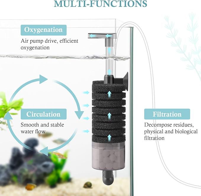 Air Powered Aquarium Sponge Filter with Biochemical Sponge and Ceramic Balls, Quiet Submersible Fish Tank Filter for 15-40Gallon （L-8.7in）-PawvioPets