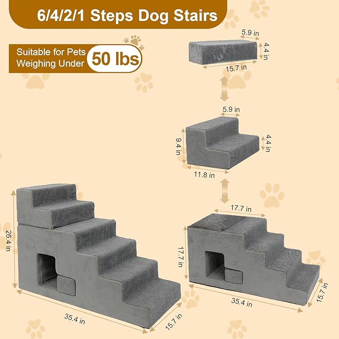 Dog Stairs for Small Dogs 27”H, 6-Step Dog Steps for High Bed, High-Density Foam Pet Stairs with Non-Slip Removable Washable Cover to Get on Bed-PawvioPets
