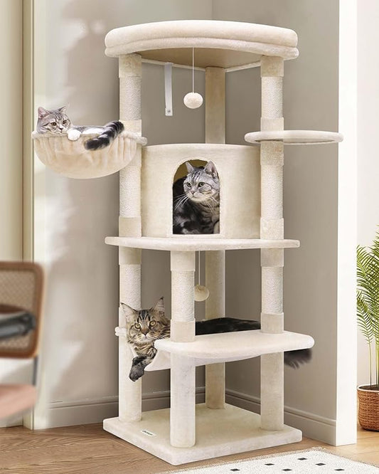 Globlazer Corner Cat Tree, 51in Curved Series Modern Cat Tower for Indoor Cats with Hammock, 7 Sisal Scratching Posts, Large Fan-Shaped Platform for Large Cats, Cat Condo & Hanging Basket, C51, Beige-PawvioPets