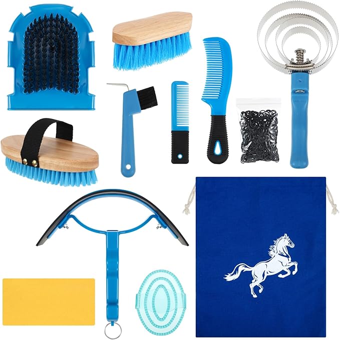 Abbylike 12 Pieces Horse Grooming Kit Racing Festival Tack Room Supplies Horse Brush Sets Equine Care Cleaning Kit Shedding Grooming Massaging Tools(Blue)-PawvioPets