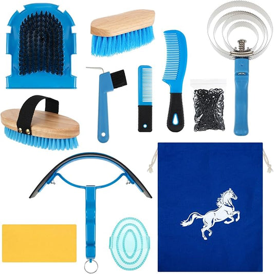 Abbylike 12 Pieces Horse Grooming Kit Racing Festival Tack Room Supplies Horse Brush Sets Equine Care Cleaning Kit Shedding Grooming Massaging Tools(Blue)-PawvioPets