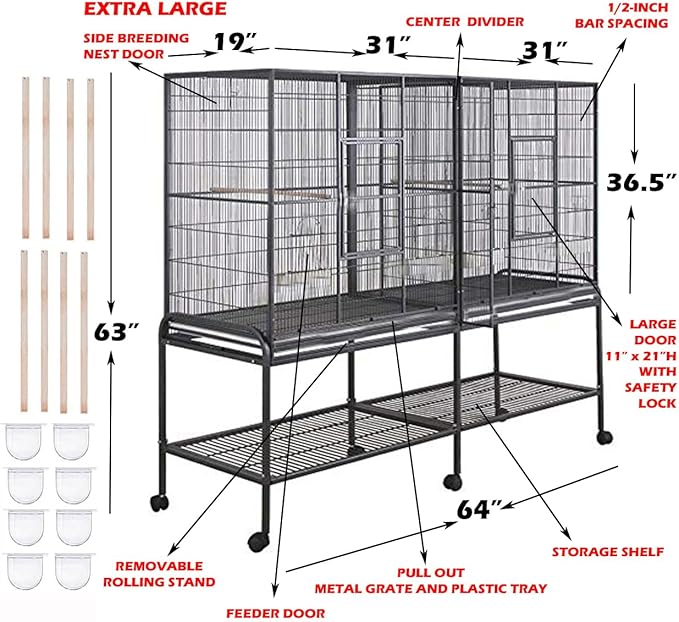 64" Extra Large Double Flight Bird Wrought Iron Double Cage Slide Out Center Divider Side Nesting Box Door Parrot Cage Cockatiel Conure with Removable Rolling Stand Storage Shelf-PawvioPets