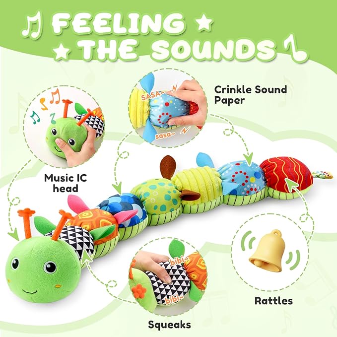 Baby Toys 0 to 12 Months, Musical Stuffed Animal Activity Soft Toys with Multi-Sensory Crinkle, Rattle and Textures, Infant Tummy Time Toys for Newborn Boys Girls, Caterpillar, Green-PawvioPets