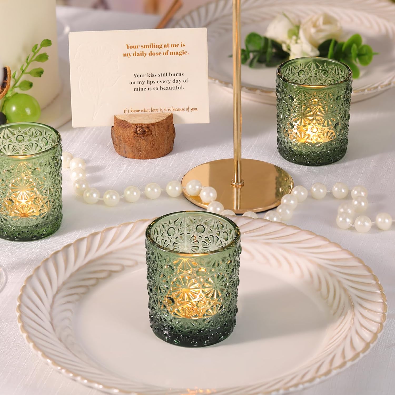 Green Votive Candle Holder Set of 36, Flower Tea Lights Candles Holders for Wedding Table Decor, Birthday Parties, Vintage Home Decor, Bridal Shower and Holiday Decorations