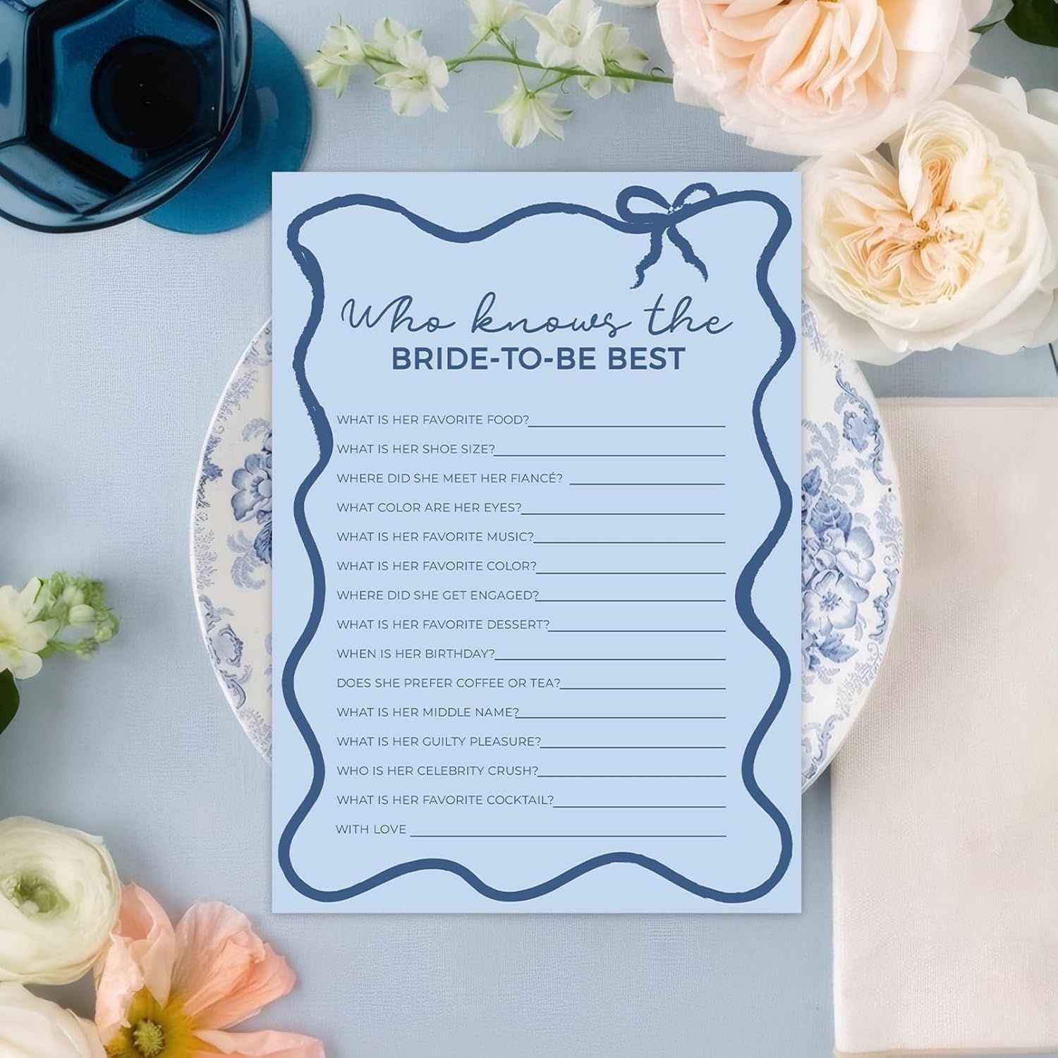 DEEKA 30 PCS Bridal Shower Games Card for 30 Guests Blue Wavy Border Ribbon Bow Funny Wedding Bachelorette Party Games for Reception (Who Knows The Bride-to-be Best)