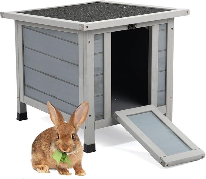 Coziwow Rabbit Hutch, Outdoor Cat House Weatherproof, Bunny Cage Indoor with Openable, Portable Small Animals Shelters with Nonslip Ramp for Hideout Rabbits/Feral Cats/Chicken/Duck/Small Animals-Gray-PawvioPets