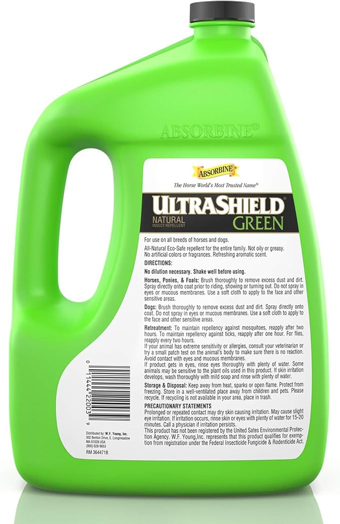 Absorbine UltraShield Green All-Natural Fly & Insect Repellent for Horses & Dogs, Essential Oils Repel & Control, 128oz Bottle, No Sprayer-PawvioPets