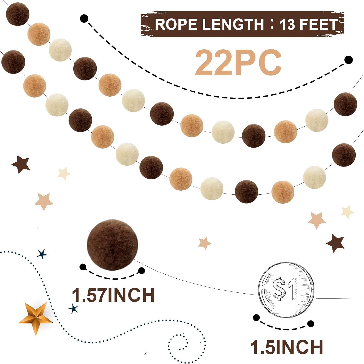 TBD Decor 2pk Pom Pom Garland 13FT Colorful Large Felt Ball Garland Fall Decoration for Mantle,Indoor Holiday Wedding Birthday Party Supplies(White Brown,4cm)