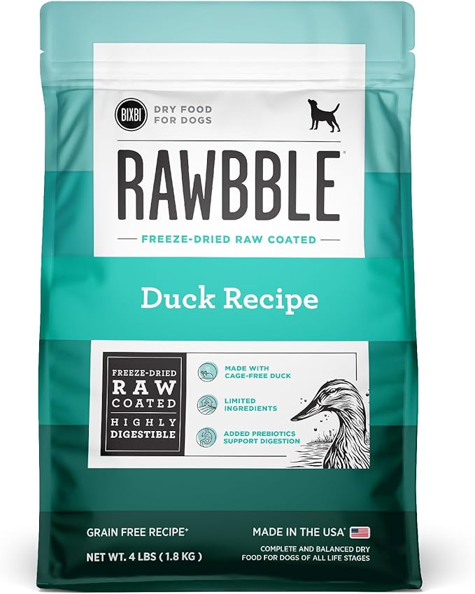 BIXBI Rawbble Dry Dog Food, Duck, 4 lbs - USA Made with Fresh Meat - No Meat Meal & No Corn, Soy or Wheat - Freeze Dried Raw Coated Dog Food - Minimally Processed for Superior Digestibility-PawvioPets