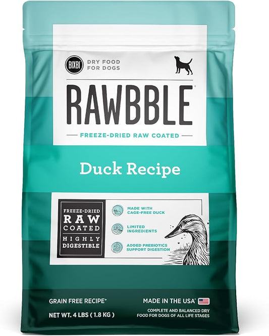 BIXBI Rawbble Dry Dog Food, Duck, 4 lbs - USA Made with Fresh Meat - No Meat Meal & No Corn, Soy or Wheat - Freeze Dried Raw Coated Dog Food - Minimally Processed for Superior Digestibility-PawvioPets