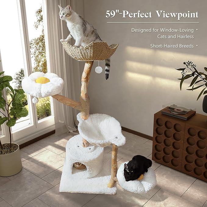 59" Modern Cat Tree Tower for Large Cats w/2 Flower Perches-Natural Solid Wood Scratching Post with Real Branch-Luxury Boho Cat Furniture w/Condo & Wicker Basket Bed, Cloud White-PawvioPets