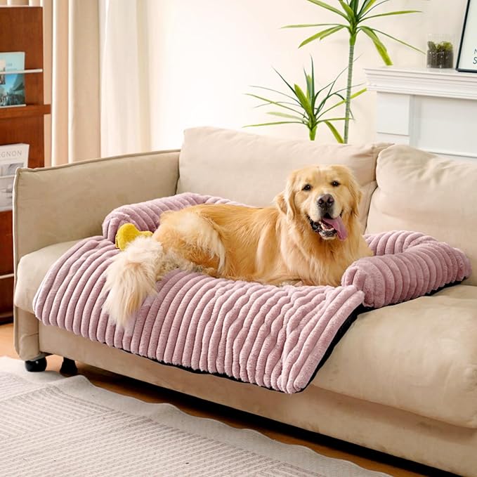 FUNNY FUZZY Pet Couch Cover for Sofa, Calming Dog Bed for Couch, Fluffy Plush Dog Couch Mat for Furniture Protector for Large Medium Small Pets, 47×37 in, Pink-PawvioPets