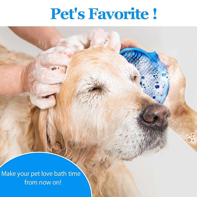 Dog Grooming Brush, Lilpep Pet Shampoo Bath Brush Soothing Massage Rubber Comb with Adjustable Ring Handle for Long Short Haired Dogs and Cats (Blue, set)-PawvioPets