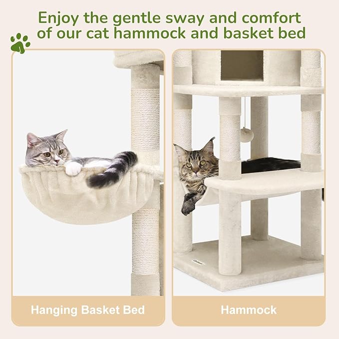 Globlazer Corner Cat Tree Tower with Scratching Post for Indoor Cats, 51in Plush Multi-Level Cat Tower with Large Hammock, Fan-Shaped Padded Perch, Spacious Cat Condo, Hanging Basket, C51, Light Beige-PawvioPets