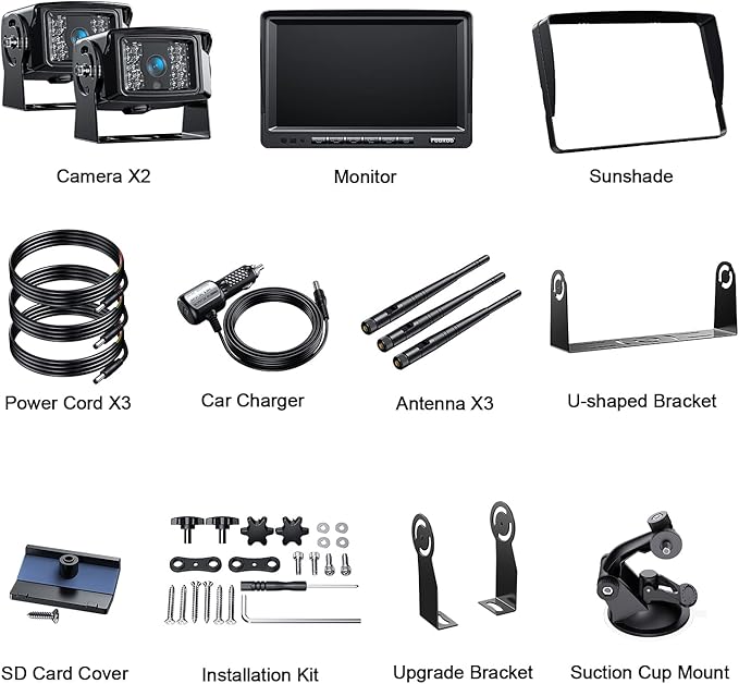 Fookoo 1080P 7" Wireless Backup Camera System, 7" HD Dual/Quad Split Monitor with Recording, IP69 Waterproof Rear View Front View Cameras with Parking Lines, Suits for RV/Truck/Trailer/Van/Bus(DW702)-PawvioPets