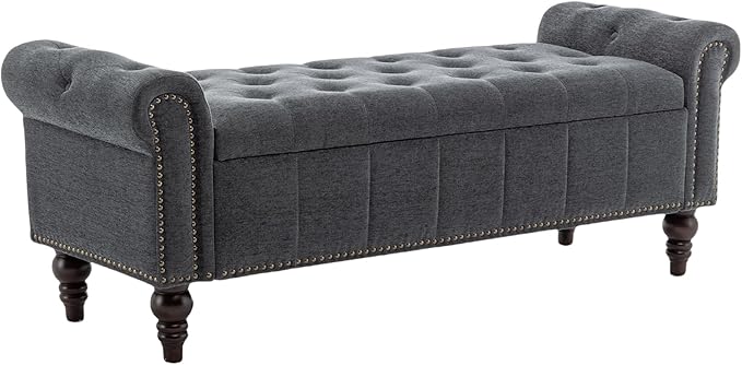 58’’ Storage Bench for Bedroom, Upholstered Button-Tufted Ottoman with Solid Wood Legs, Large End of Bed Shoe Cabinet, Window Seat Foot Rest Stool for Entryway, Closet, and Living Room (Dimgray)-PawvioPets