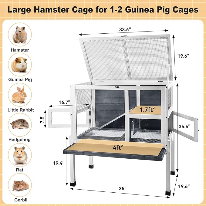 2-Story Guinea Pig Cage with Stand, Indoor Wooden Hamster Cage with Ramp, Pull-Out Tray, Hideout & Platform, Acrylic Transparent Small Animal Habitat for Chinchillas, Ferrets, Hedgehogs,Grey-PawvioPets