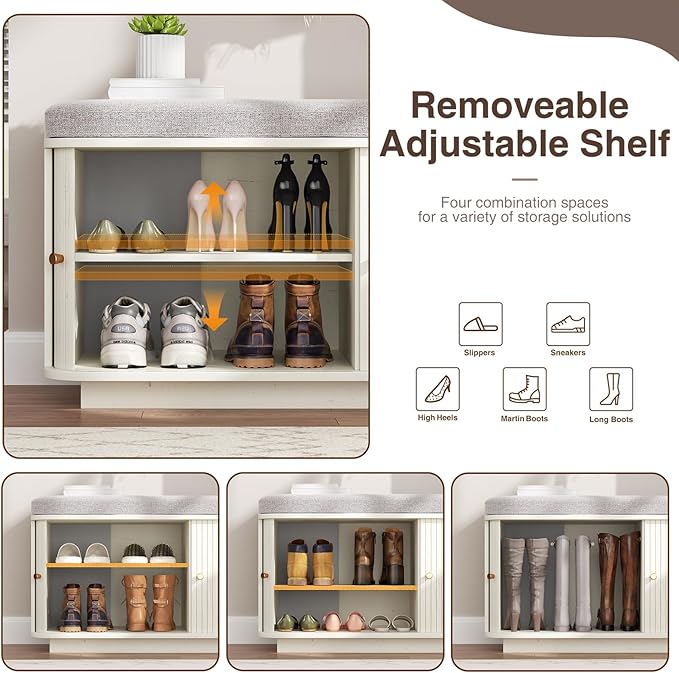 Cream White 39.4" W 2-Tier Shoe Bench with Storage | Entryway Bench with Padded Cushion, Sliding Doors & 5 Hooks-PawvioPets