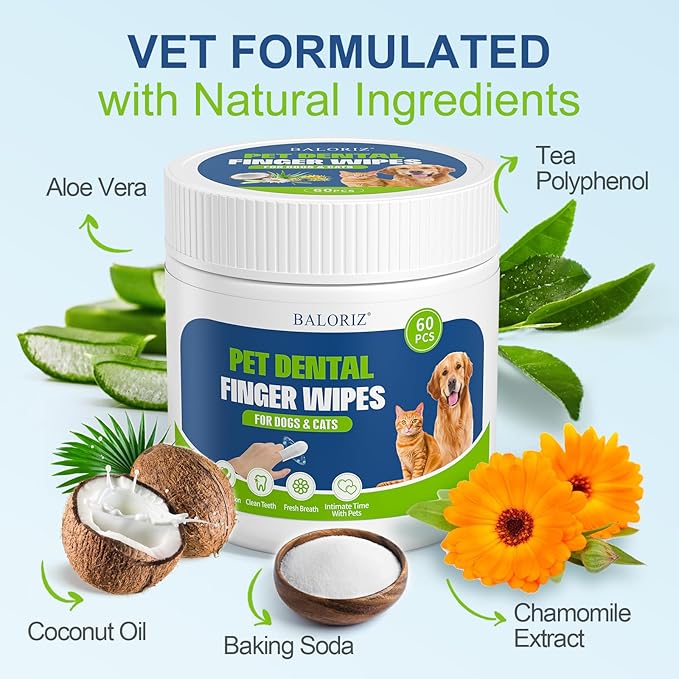 Dog Dental Care Finger Wipes, 60 PCS Teeth Cleaning Wipes for Dogs & Cats, Tooth Brushing Kit Dental Wipes Reduces Plaque & Freshens Breath, Disposable Gentle Cleaning & Gum Care Pet Wipe-PawvioPets