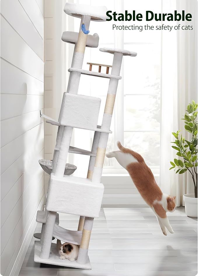 85in Tall Cat Tower for Heavy Duty Big Cats, Large Cat Tree with Scratching Post, Plush Perches, Cozy Cat Condos & Hanging Hammocks for Maine Coon, White-PawvioPets