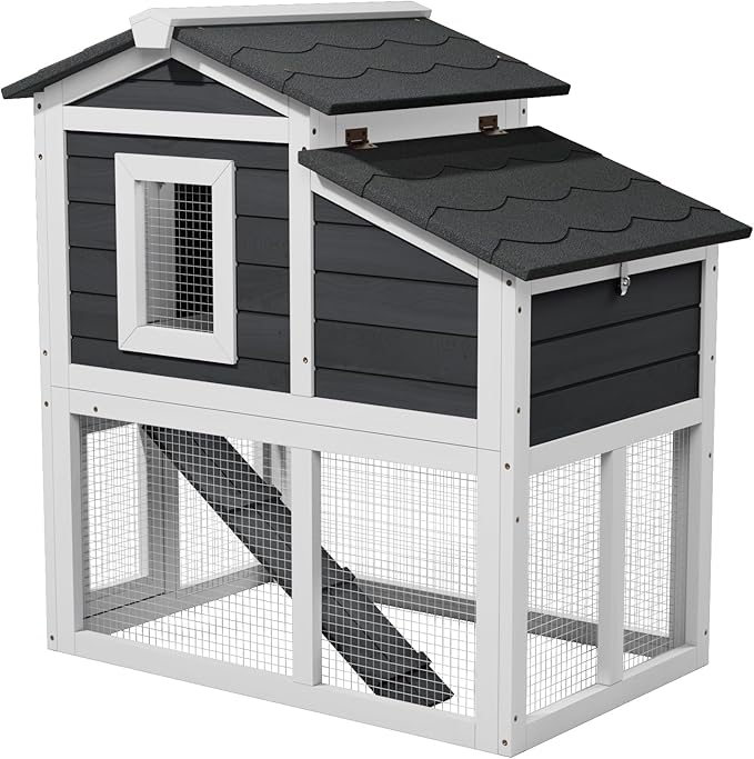 Bunny Cage Premium Rabbit Hutch with Leak-Proof Roof, 2-Story Bunny House for Guinea Pigs & Hamster,Wooden Chicken House with Deep Pull-Out Tray, Waterproof Chicken Coop for Outside (Grey)-PawvioPets