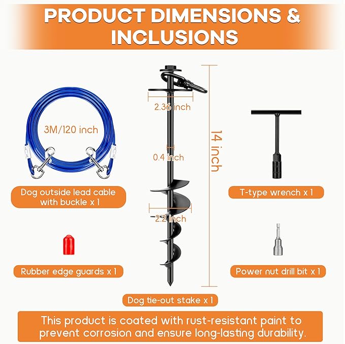 Dog Tie Out Stake, Heavy Duty 360°Swivel Dog Outside Lead Cable, Screw in Spike Auger Ground Stake Anchors with Power Nut Drill Bit, T Wrench and Leash, for Yard Camping Beach-PawvioPets