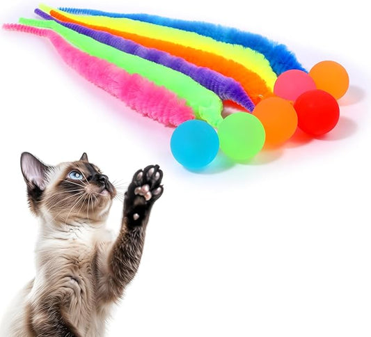 6 Pcs Bouncy Ball for Cats, Colorful Fuzzy Bouncy Cat Worm Toy Ball Fuzzy Worms (Balls Colors are Random)-PawvioPets