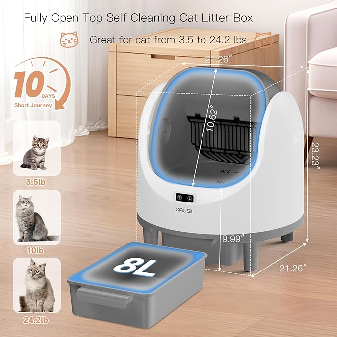 Automatic Litter Box, [Safe Anti-Pinch] CAUSII Large Capacity Self-Cleaning Cat Litter Box for Multiple Cats, App Control, Quiet & Odor-Free,for 3.5-24.2LB, with 30PCS Garbage Bags,Litter Mat-PawvioPets