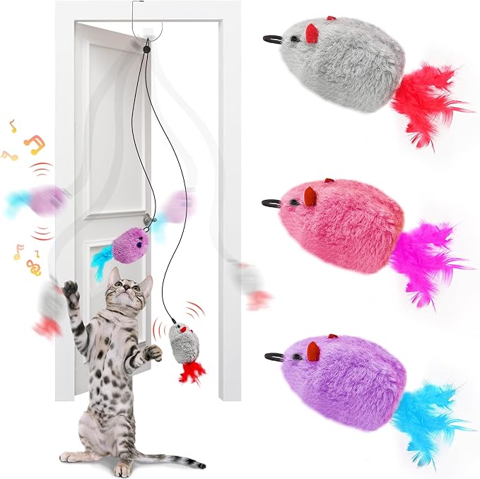 Hanging cat Toys mice with Squeaky Sound 3PCS, Retractable Teaser Toy, Interactive cat Toys for Indoor Bored Kitten Self Play Chase Exercise, Mental Physical Stimulation for All Breeds-PawvioPets