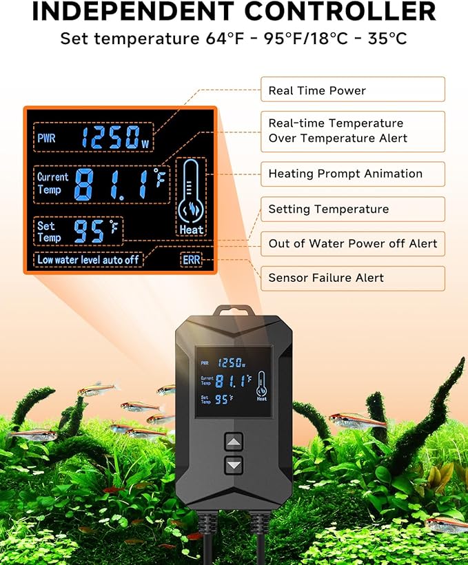 AQQA Aquarium Heater,64-95°F Fast Heating Double Quartz Glass Tube Fish Tank Heater,High-definition LCD Controller Displays Real-time Power,Anti-dry and Over-temperature Protection (1200W 210-330 Gal)-PawvioPets