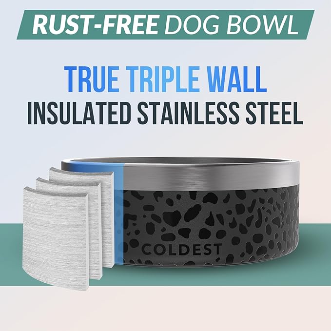 Coldest Dog Bowl - Anti Rust Metal, Non Slip, 3 Layers Insulated Stainless Steel Dog Bowls - Spill Proof & Heavy Duty - Water Bowl for Dogs, Cats & Pets, Dish Washer Safe (64 oz, Black Leopard)-PawvioPets