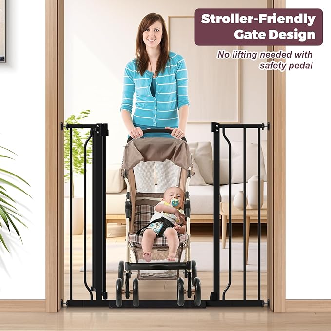 34" Extra Tall Baby Gate for Stairs, Auto Close Stroller Friendly Dog Gate Indoor for Doorways, Pressure Mounted 29"-40" W Baby Gate, Easy Walk Through Gate for Children & Pets, Black-PawvioPets