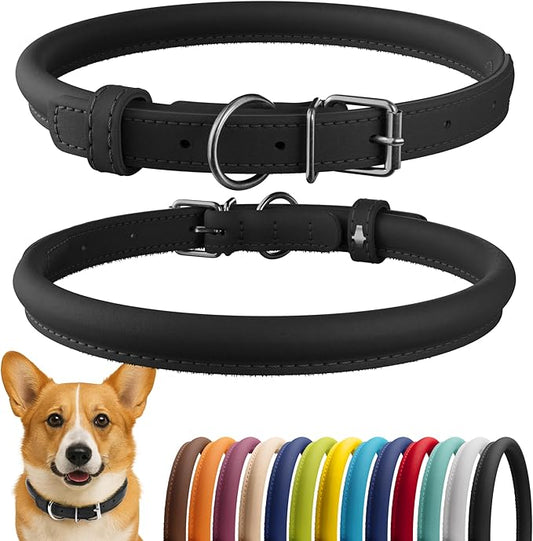 CollarDirect Rolled Leather Dog Collar, Soft Padded Round Puppy Collar, Handmade Genuine Leather Collar Dog Small Large Cat Collars 13 Colors (13-16 Inch, Black Smooth)-PawvioPets