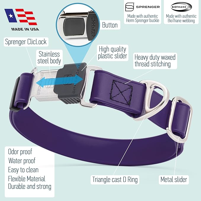 Dogline Biothane Waterproof Dog Collar with Herm Sprenger Stainless Steel Quick Release Buckle – Heavy Duty Tactical Durable Collar for Dogs – Comfortable and Safe Pet Collar, W 1" L 15-25", Purple-PawvioPets