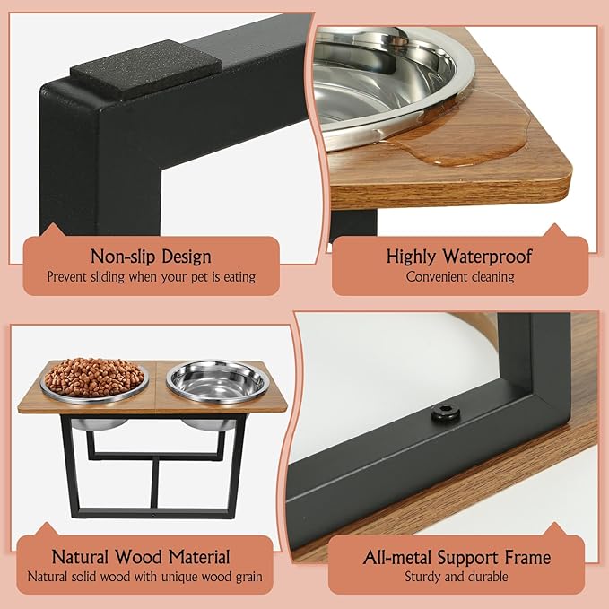Elevated Dog Bowls for Large Dogs, Raised Dog Bowl Stand with Two X-Large Stainless Steel Bowls for Dogs, 3.5L Capacity, Rustic Walnut-PawvioPets