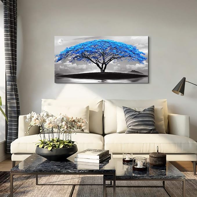 canvas wall art for living room bathroom Wall Decor Black and white landscape Blue tree moon painting to Hang Home Decorations for office bedroom kitchen Works canvas Prints pictures 24" x 48"inch-PawvioPets