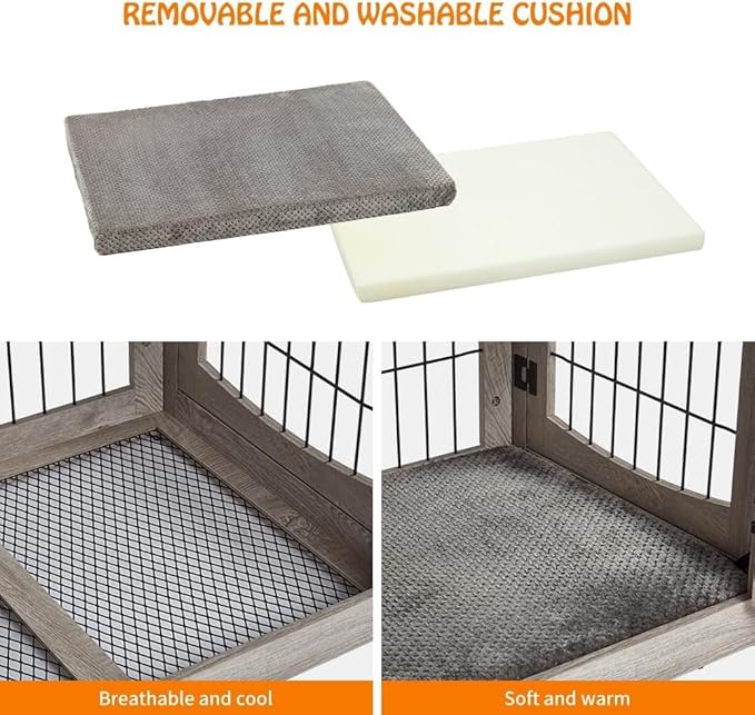 Dog Crate Furniture for Large Dogs, Wooden Dog Kennel Indoor with Double Doors, Dog Cage with Cushion & Drawers, Dog House Side End Table for Large Medium Dogs up to 70 lb, 39.4” L, Grey-PawvioPets