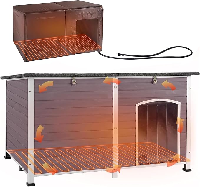 Aivituvin Dog House Insulated Outdoor Dog Kennel with Heated Liner for Winter 59" Extra Large Insulated Dog Cage with Heater,All-Around Iron Frame(Grey)-PawvioPets