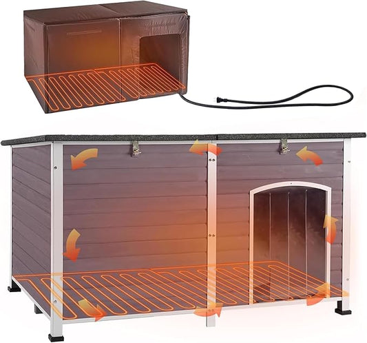 Aivituvin Dog House Insulated Outdoor Dog Kennel with Heated Liner for Winter 59" Extra Large Insulated Dog Cage with Heater,All-Around Iron Frame(Grey)-PawvioPets