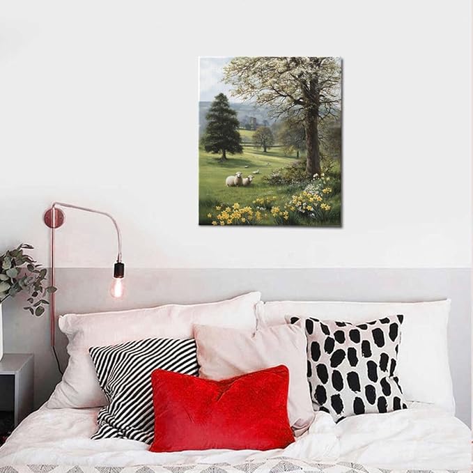 Country Sheep Canvas Wall Decor Farmhouse Rustic Lamb Wildflower Wall Art Nature Countryside Landscape Pictures Painting Print Framed Artwork Decorations for Bathroom Living Room Bedroom 24"x20"-PawvioPets