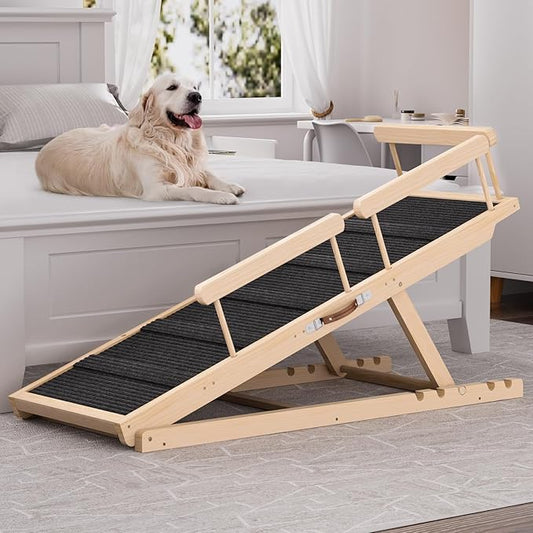Dog Ramp for High Bed, Couch, Car, Pet Ramps 55.12" Long Adjustable 19.7"-27.6" Wooden Dog Step with High Traction Mat & Safety Side Rails for Small Medium Large Older Pets, up to 250 lbs-PawvioPets